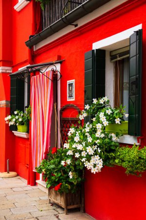 Helles traditionelles rotes Haus auf der Insel Burano, Venedig, Italien. Bunte Vorhänge vor der Tür, hölzerne Fenster im alten Stil mit Rollläden und Mandevilla-Blumen auf Fensterbänken.
