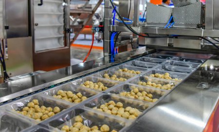 Foto de Línea de producción de alimentos de muchas albóndigas en maquinaria de equipos de cinta transportadora en fábrica, producción industrial de alimentos - Imagen libre de derechos