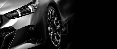 Photo for Front view of headlights modern sport car, free space on right side for text - Royalty Free Image