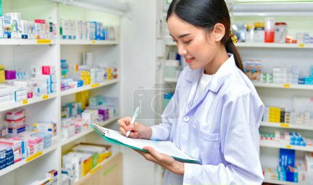  Asian woman pharmacist filling prescription in pharmacy drugstore