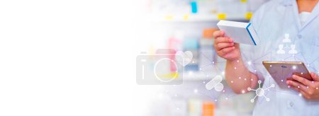 Pharmacist using mobile smart phone for search bar on display in pharmacy drugstore shelves background.Online medical concept.copy space