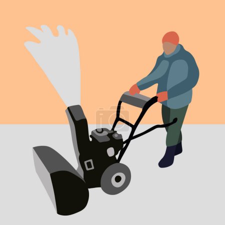 Illustration for Vector isolated illustration of a man removing snow with a snowplow. - Royalty Free Image