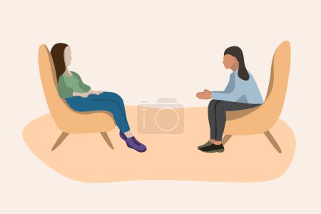 Ilustración aislada vectorial de dos mujeres hablando. Recepción en el psicólogo.