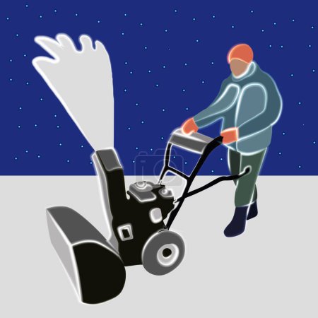 Illustration for Vector isolated illustration of a man removing snow with a snowplow. - Royalty Free Image