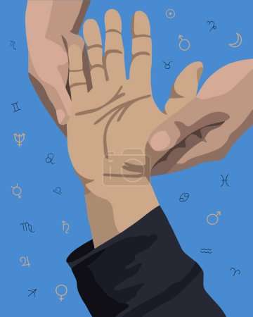 Illustration for Vector isolated illustration of human hand with life lines. The palmist's hands. Palmistry and prediction. - Royalty Free Image