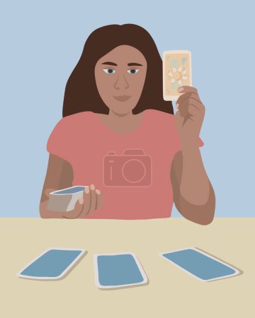 Illustration for Vector isolated illustration of a girl fortune telling on tarot cards. Prediction of the future. Young fortune teller. - Royalty Free Image