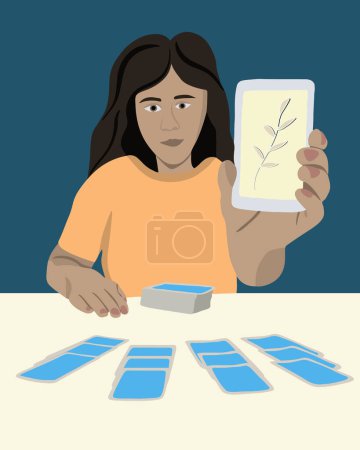 Illustration for Vector isolated illustration of a girl fortune telling on tarot cards. Young woman fortune teller. Prediction of the future. Tarot online. - Royalty Free Image