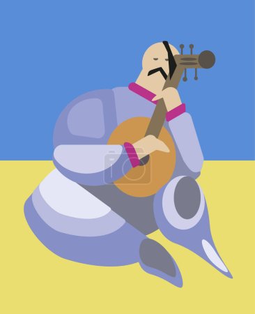Illustration for Vector isolated illustration of a Cossack playing a musical instrument on the background of the Ukrainian flag. Symbol of Ukraine. - Royalty Free Image