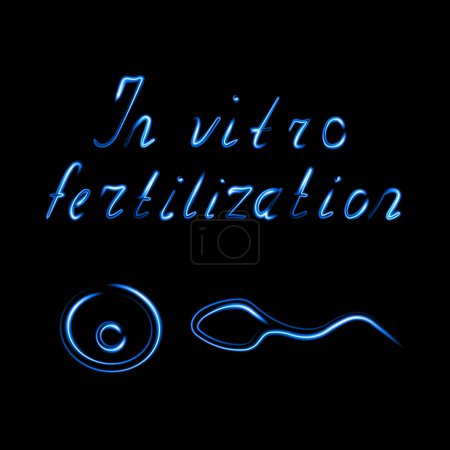 Illustration for The inscription In vitro fertilization. Artificial icing. Fertility clinic. Contour neon banner for an in vitro fertilization clinic. Vector isolated illustration of sperm and egg. - Royalty Free Image