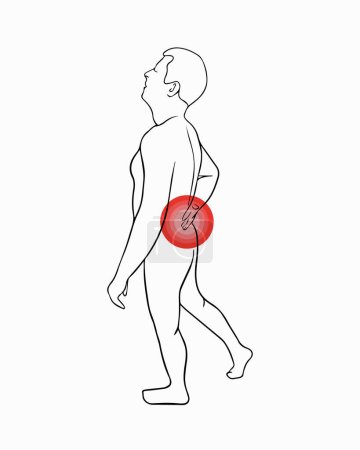 Ilustración de Ilustración aislada vectorial del dolor de espalda. Esboza el dibujo de un hombre sosteniendo su espalda. Concentración del dolor en la región lumbar. - Imagen libre de derechos