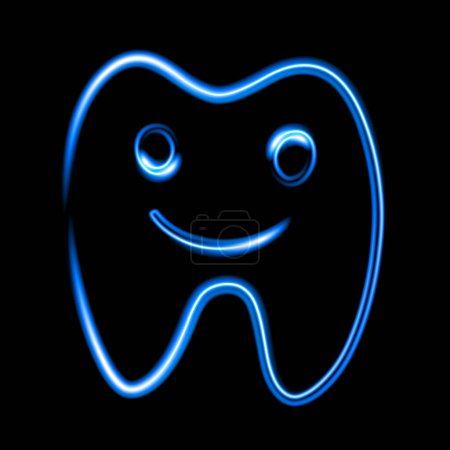 Vektorisolierte Illustration eines fröhlichen Zahnes mit Neon-Effekt. Zahnbehandlung. Zahnmedizin.