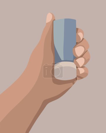 Ilustración aislada vectorial del inhalador en la mano. Ayuda con el asma.