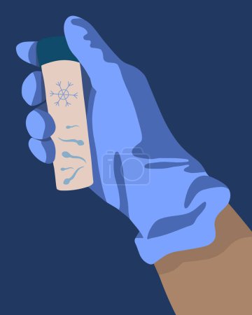 Ilustración aislada vectorial de congelación de esperma. Esperma en un tubo de ensayo. La mano de un hombre sostiene un tubo de ensayo con esperma.