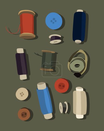 Vector isolated illustration of sewing kit with threads.