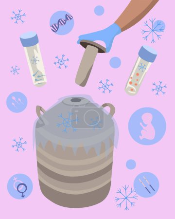 Vector isolated illustration of egg sperm freezing. Artificial insemination. Ovulation. Cryobank. Sperm bank.