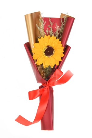 Photo for Bouquet of sunflowers with red ribbon isolated on white background. - Royalty Free Image
