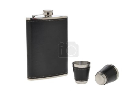 Black leather flask for alcohol isolated on white background