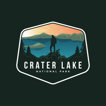 Téléchargez les illustrations : Illustrations de logo de l'emblème du parc national du cratère sur fond sombre. - en licence libre de droit