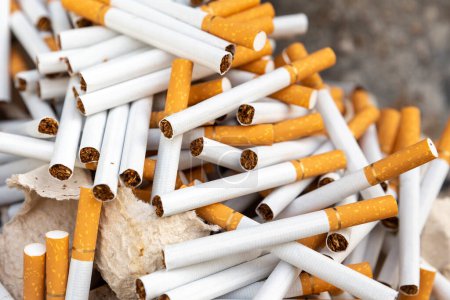 Foto de Tantos cigarrillos, más de 70, en la barbacoa antes de quemar, signo para dejar de fumar - Imagen libre de derechos