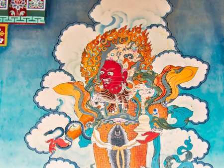 Photo for LA BOULAYE, FRANCE - APRIL Circa, 2018. Very colored mural painting of Buddhist story on temple wall in the famous one thousand buddhas temple. Scene of buddha life - Royalty Free Image