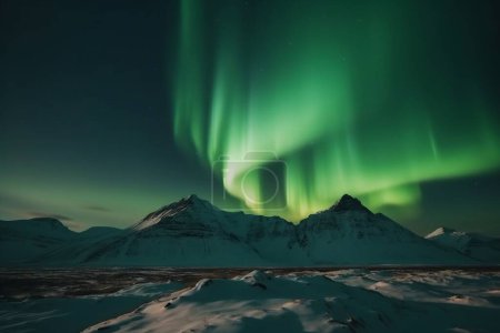 aurora borealis shining in the sky over a snowy landscape in iceland. High quality photo