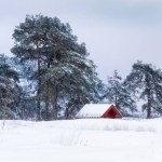 Fantastic winter day landscape with wooden little red house covered with snow. Norway nature.
