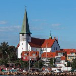 little town Ronne harbor and church panorama from the sea, Bornholm, Denmark