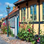 Street of Ronne - largest town on Bornholm island in bright summer day , Denmark