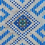 Registan mosaic pattern design background of ceramic tiles of Registan madrasah in Samarkand city, Uzbekistan