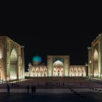 Night panorama with beautiful backlights of Registan square in the night. Samarkand , Uzbekistan, Sentral Asia