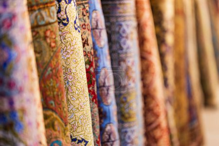 Colorful carpets in silk factory store , Samarkand , Uzbekistan. , Shallow depth f field, copy space