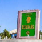Ashgabat, Turkmenisat - October 11, 2019: Statue of Ruhnama - The Book of the Soul - written by the former president of Turkmenistan, Saparmurat Niyazov ( Turkmenbashi)