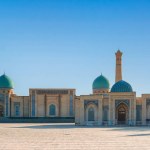 Tashkent, Uzbekistan. October 18, 2019: Viev to Hazrati Imam Mosque and Muyi Muborak Madrasah , part of Hazrati-Imam Ensemble