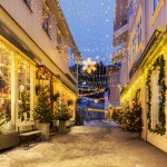 Nordic charm : christmas lights and festive decorations transform a Kragero town into a winter wonderland. High quality photo