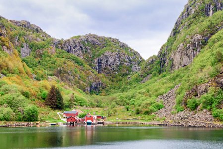 The charming red houses by the fjord, surrounded by steep, rocky cliffs and lush greenery. Cold destinations tourism trend. South Norway.