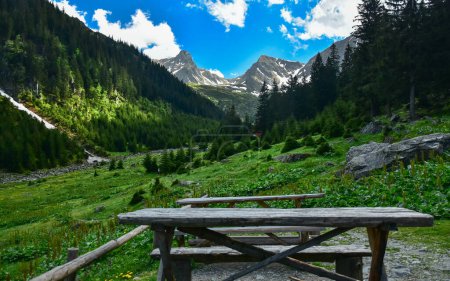 Téléchargez les photos : Un banc en bois avec une table dans une prairie alpine dans les monts Fagaras. Les objets rustiques sont situés à l'intérieur des monts Fagaras à haute altitude, sous les sommets montagneux. Carpathie, Roumanie. - en image libre de droit