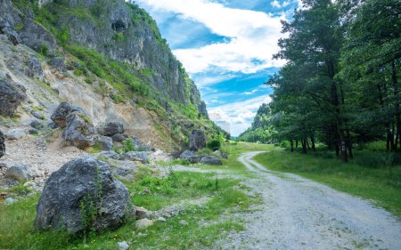 A dirt road winding along a rocky hill side. Large boulders have fallen from the side cliffs, and stand near the track. The gorges are located in Capatanii Mountains near Galbenu River. Carpathia.