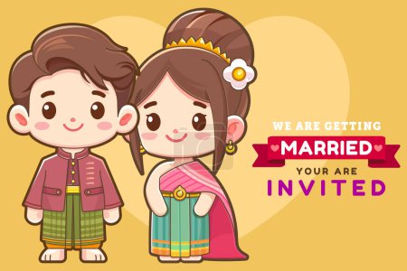 Illustration for Wedding invitation card, cute bride and groom wearing Thai clothes, bride and groom standing on traditional northern Thai wedding clothes. We are getting married card template Vector illustrator - Royalty Free Image