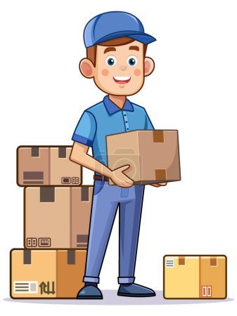 Illustration for A delivery man in a blue suit holds a cardboard box in his hand, behind it lies a box, Parcel Delivery Man Brings Sale Mascot Character, Vector Illustration - Royalty Free Image