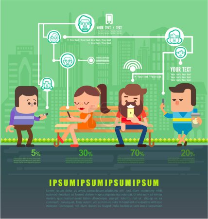 Illustration for People using smartphone in social network connect on city town background flat design, Flat icons Vector illustration - Royalty Free Image