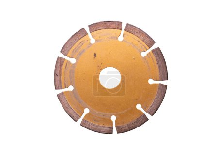 Photo for Circular saw blade isolated on white background with car clutch disc, metal chip, and clock gear elements - Royalty Free Image