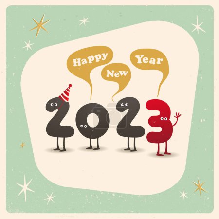 Ilustración de Tarjeta de felicitación de estilo vintage divertido - Feliz Año Nuevo 2023 - Los efectos grunge editables se pueden quitar fácilmente para un signo nuevo y limpio. Vector. - Imagen libre de derechos