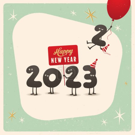 Ilustración de Tarjeta de felicitación de estilo vintage divertido - Feliz Año Nuevo 2023 - Los efectos grunge editables se pueden quitar fácilmente para un signo nuevo y limpio. Vector EPS10. - Imagen libre de derechos