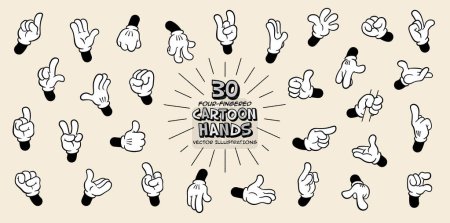 Set of Thirty Different Retro Four-Fingered Cartoon Hands. Isolated Vector EPS10 illustrations.