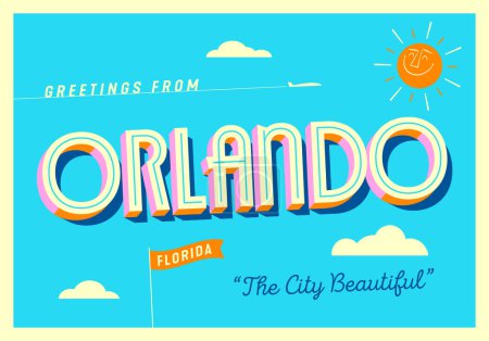 Téléchargez les illustrations : Greetings from Orlando, Florida, USA - The City Beautiful - Touristic Postcard. - en licence libre de droit