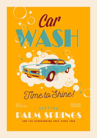 Illustration for Vintage Style Car Wash Poster or Postcard - Time to Shine! - Royalty Free Image