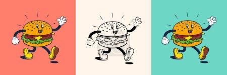 Fröhlich wandelndes Hamburger Maskottchen im Retro-Gummischlauch-Cartoon-Stil. Vektor vollständig editierbar.