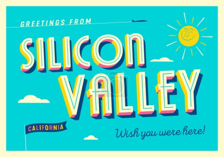 Illustration for Greetings from Silicon Valley, California, USA - Wish you were here! - Touristic Postcard. - Royalty Free Image