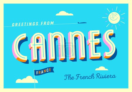 Illustration for Greetings from Cannes, France - The French Riviera - Touristic Postcard - Royalty Free Image