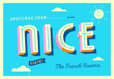 Téléchargez les illustrations : Salutations de Nice, France - La Côte d'Azur - Carte postale touristique - en licence libre de droit